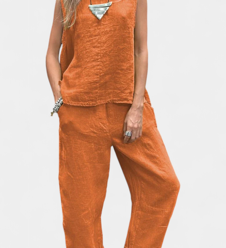 Leona Sleeveless Vest and Pants Set in Linen Cotton