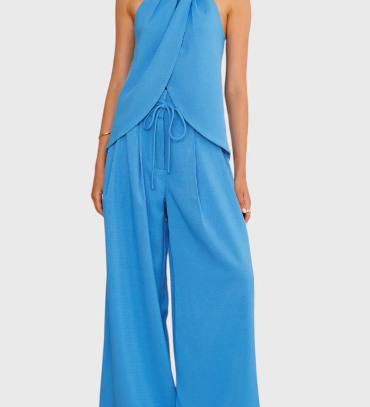 Bernadina Front Slit Top and Wide-Leg Pants Linen Set