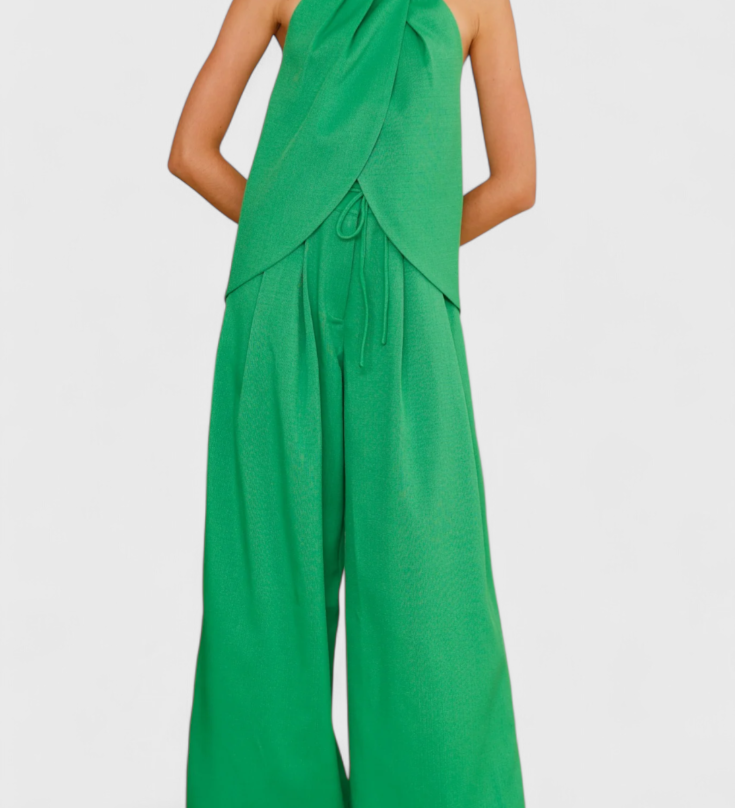 Bernadina Front Slit Top and Wide-Leg Pants Linen Set
