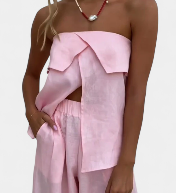 Oriana Strapless Set with Slit Skirt in Solid Color