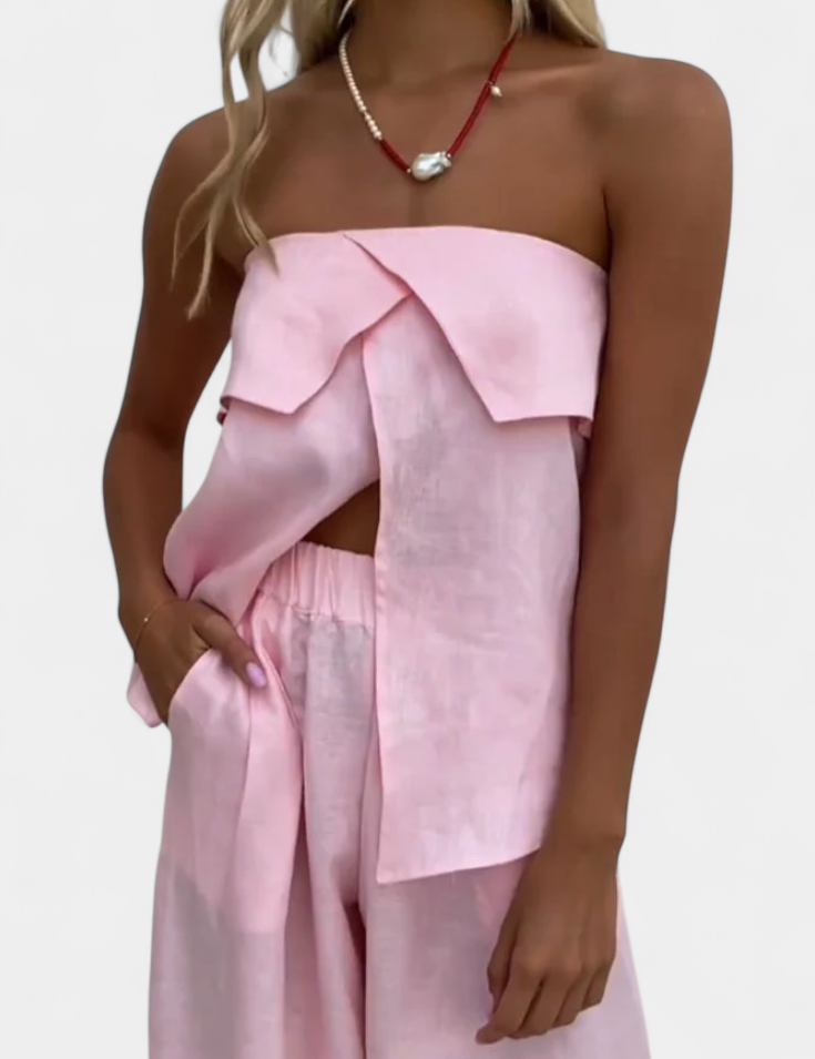 Oriana Conjunto Strapless con Falda de Abertura en Color Liso