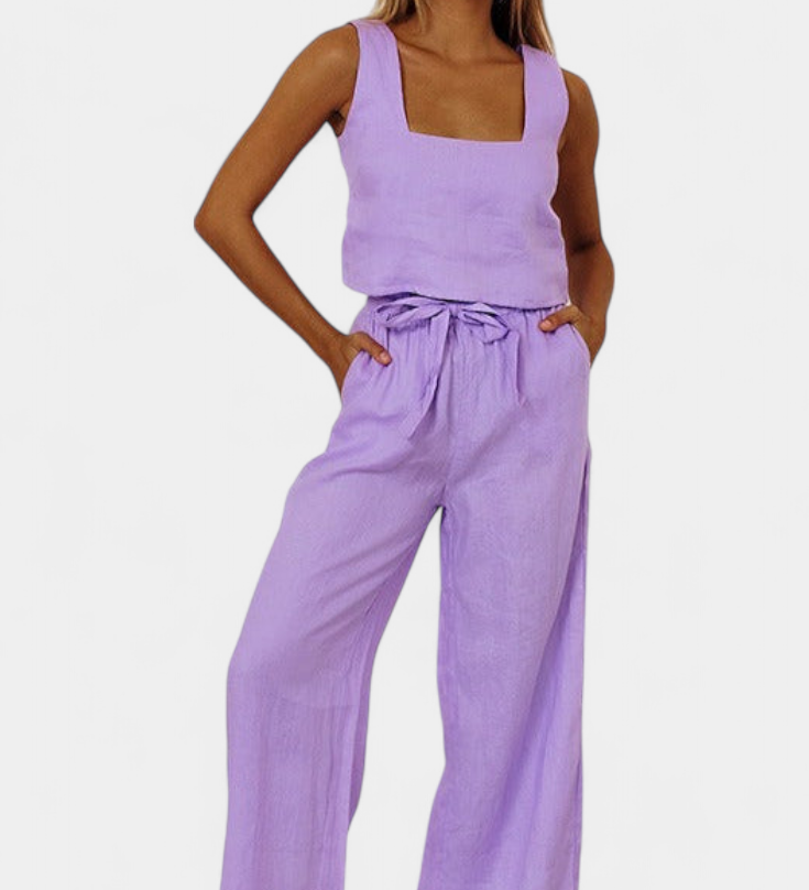 Pascuala Two-Piece Linen Set with Sleeveless Blouse and Flowy Pants