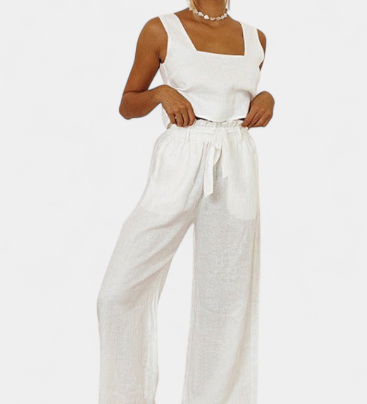 Pascuala Two-Piece Linen Set with Sleeveless Blouse and Flowy Pants