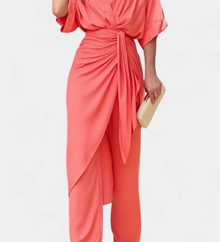 Mayleen Crossover Top with Front Tie and Straight Pants